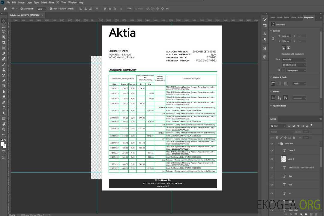 Relevé bancaire Aktia en Finlande template Relevé bancaire Aktia en Finlande template